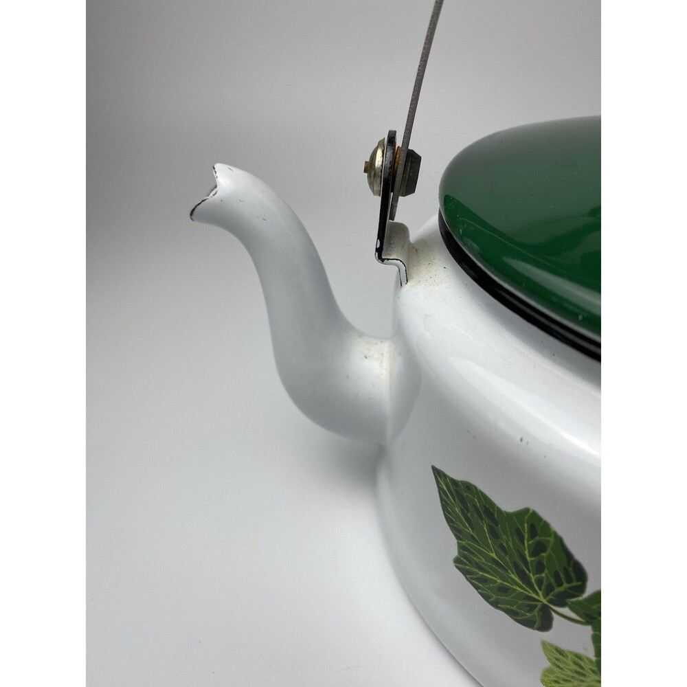 Vintage Porcelain Enamelware Ivy Pattern Tea Pot Kettle Cottage Kitchen Green - Picture 3 of 7